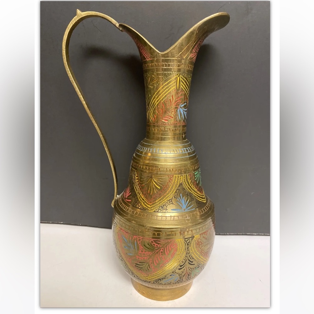 Wazir Chand Brass Round Handled Pitcher Floral Etchings Pink India Marked 10.5"H